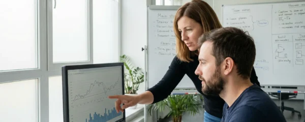 Formateur SEO accompagnant un apprenant devant un écran de statistiques de performance