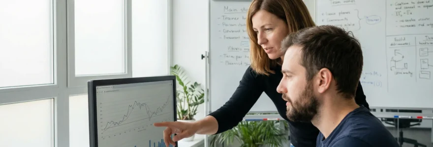 Formateur SEO accompagnant un apprenant devant un écran de statistiques de performance