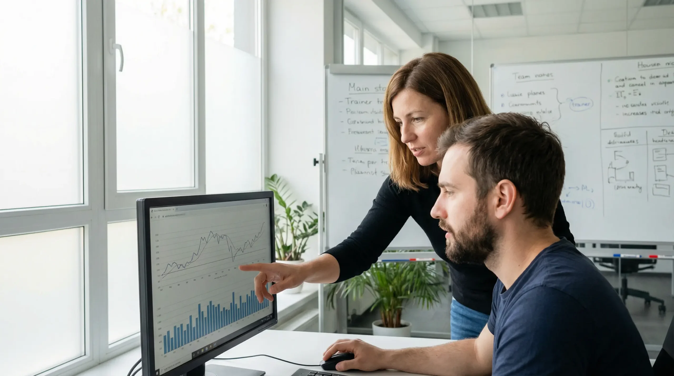 Formateur SEO accompagnant un apprenant devant un écran de statistiques de performance
