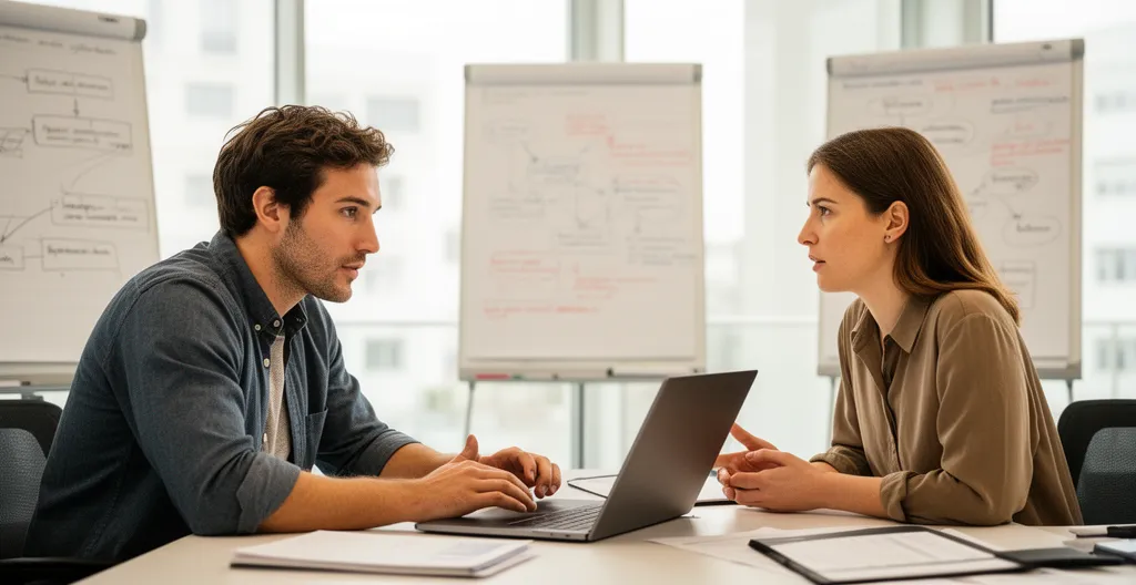 Deux professionnels en formation échangeant autour d'un ordinateur portable